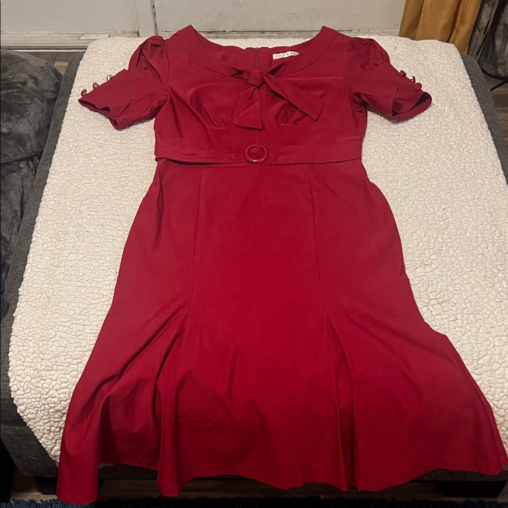 Vintage Cherry Red Midi Dress with BOW - Picture 3 of 7